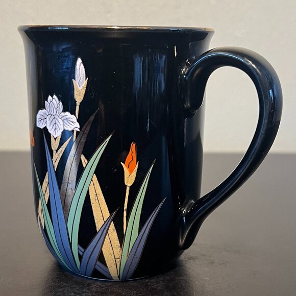 Vintage OTAGIRI JAPAN Floral Iris Daylilies Black Porcelain Cup w/ Metallic Gold - Picture 4 of 11